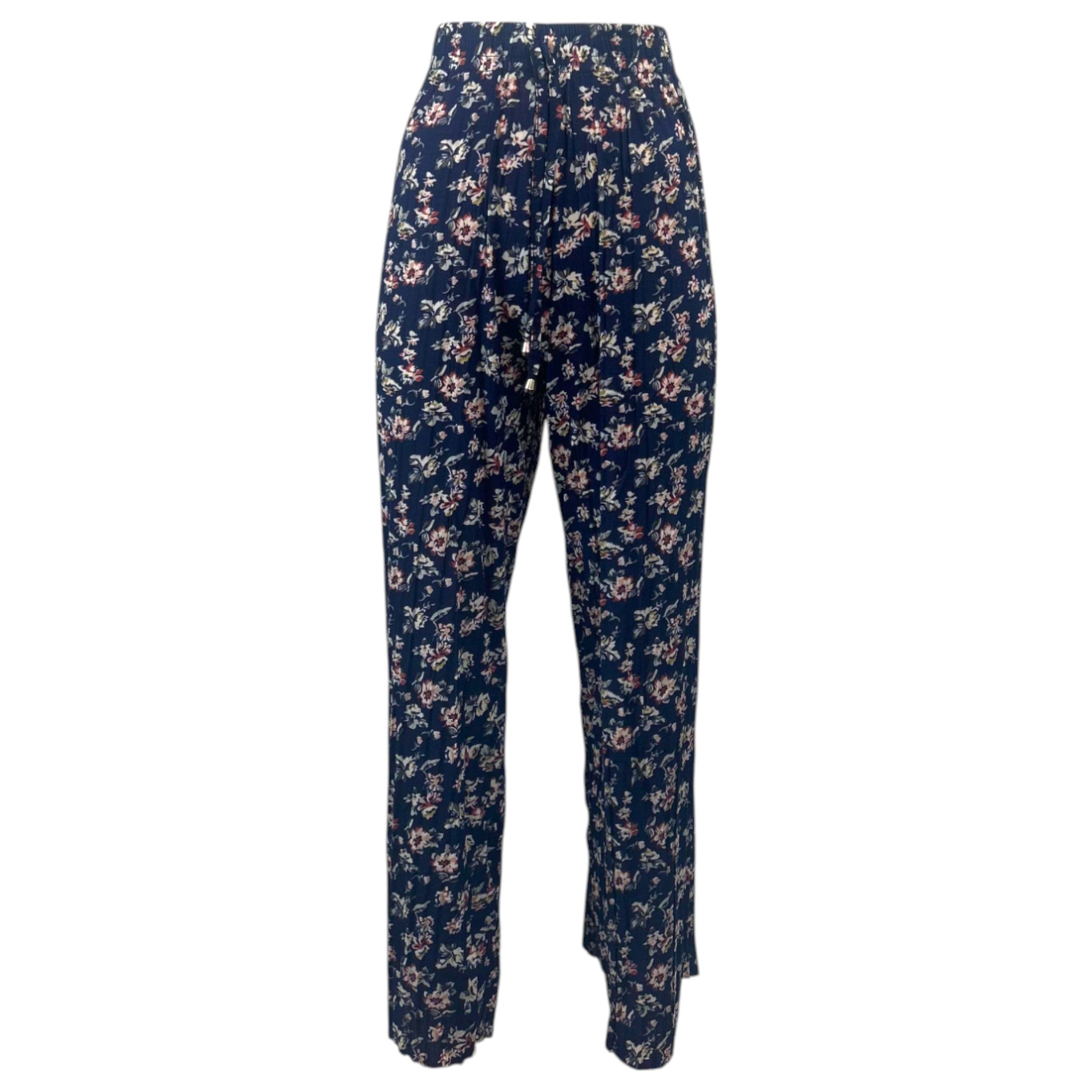 Women's lightweight floral print trousers in navy blue with elasticated waist – 3 vintage-style flower patterns